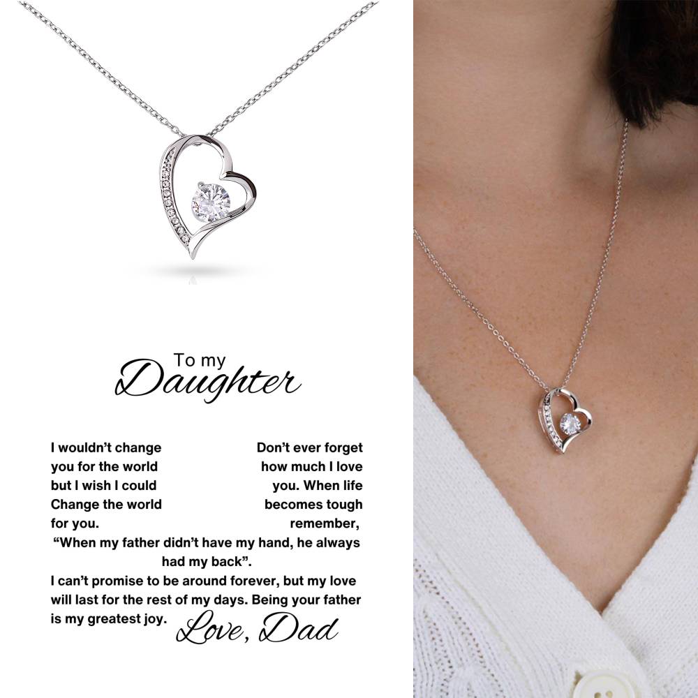 The image is devided to 3 images ,1st image is close-up image of a woman wearing a heart-shaped pendant necklace,
2nd is heart-shaped pendant necklace and 3rd is a message card to my daughter