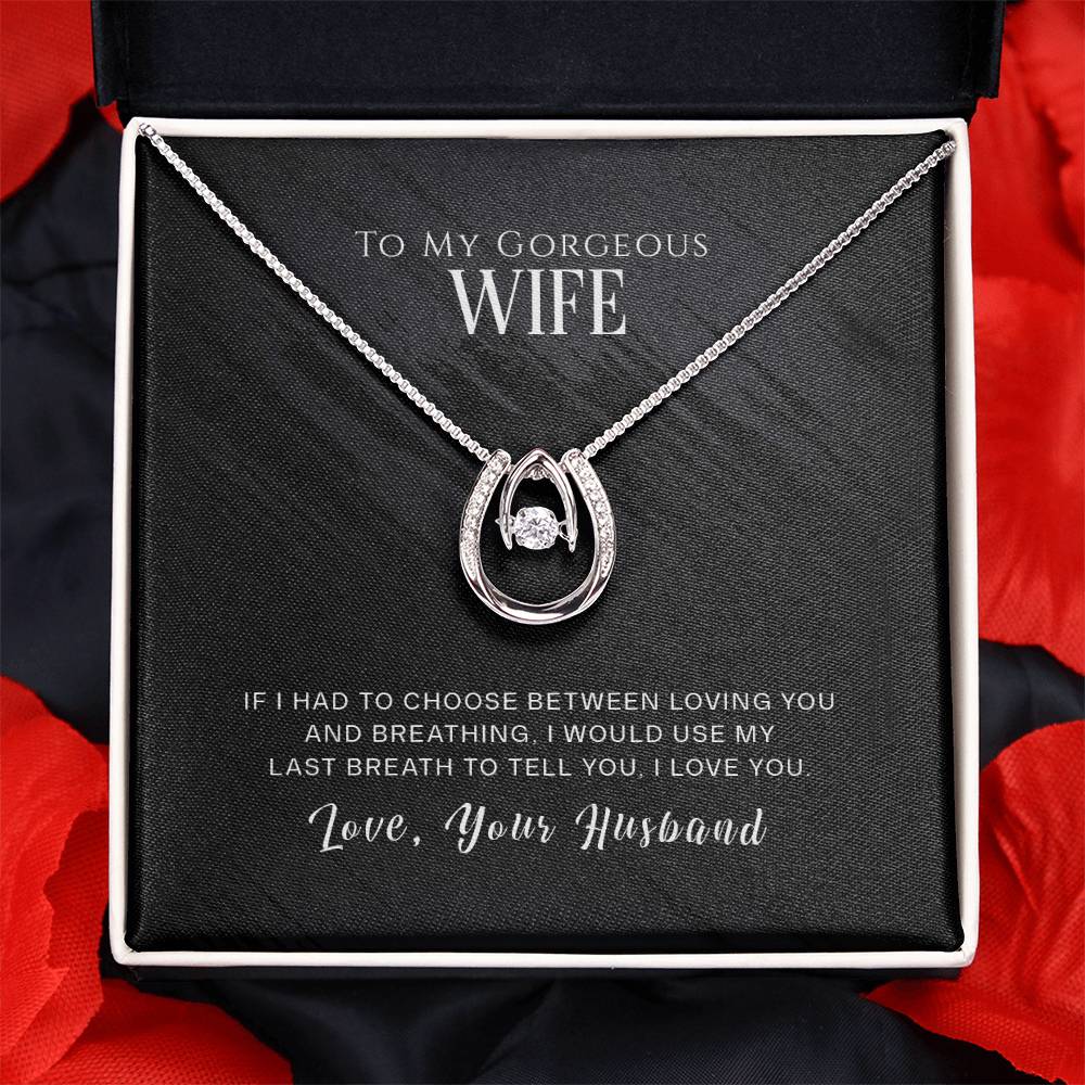 Elegant necklace in a gift box with a romantic inscription.