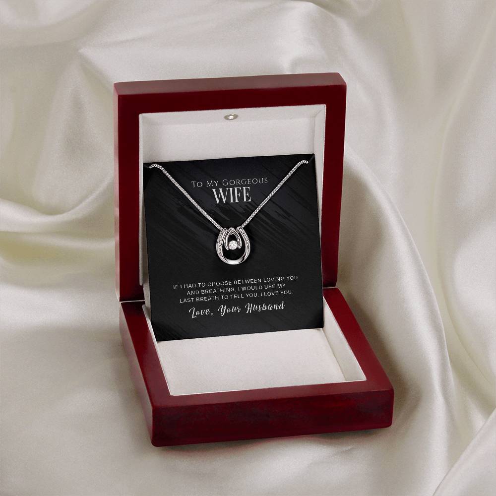 "To My Gorgeous Wife" necklace in a gift box with a heartfelt message.