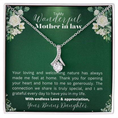 Necklace with a heartfelt message to a mother-in-law in a beautiful gift box.