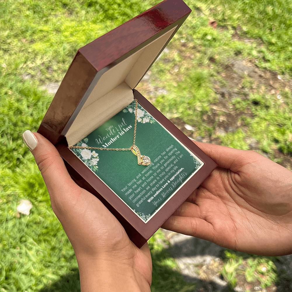 Elegant gift box  with Gold necklace and a  message of thanks and love for mother-in-law.