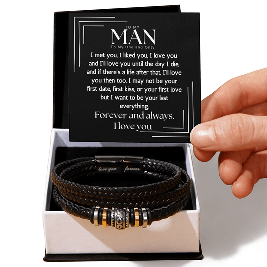 Romantic gift set featuring a black leather bracelet and a touching message card for a loved one.