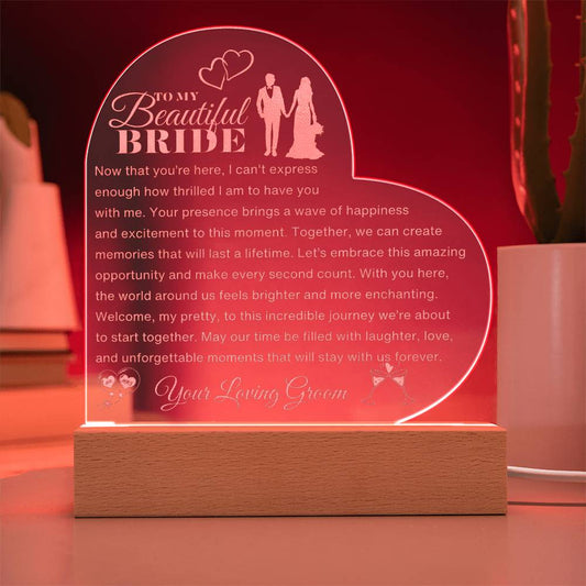 Red light Heart Acrlic plaque with LED wooden base  featuring a heartfelt message to my beautiful bride 