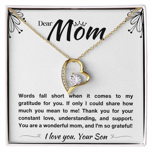 Yellow gold heart pendant necklace with a message card from my son to my dear mom. gift for mom from son. in white background