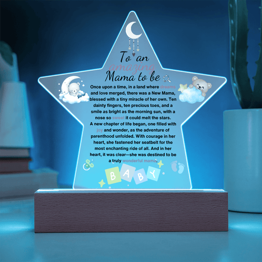 Star-shaped glowing plaque for moms-to-be, featuring a warm message and playful baby-inspired designs.