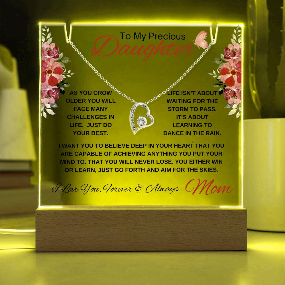 Lighted acrylic plaque with mother's love message and white gold heart necklace gift.