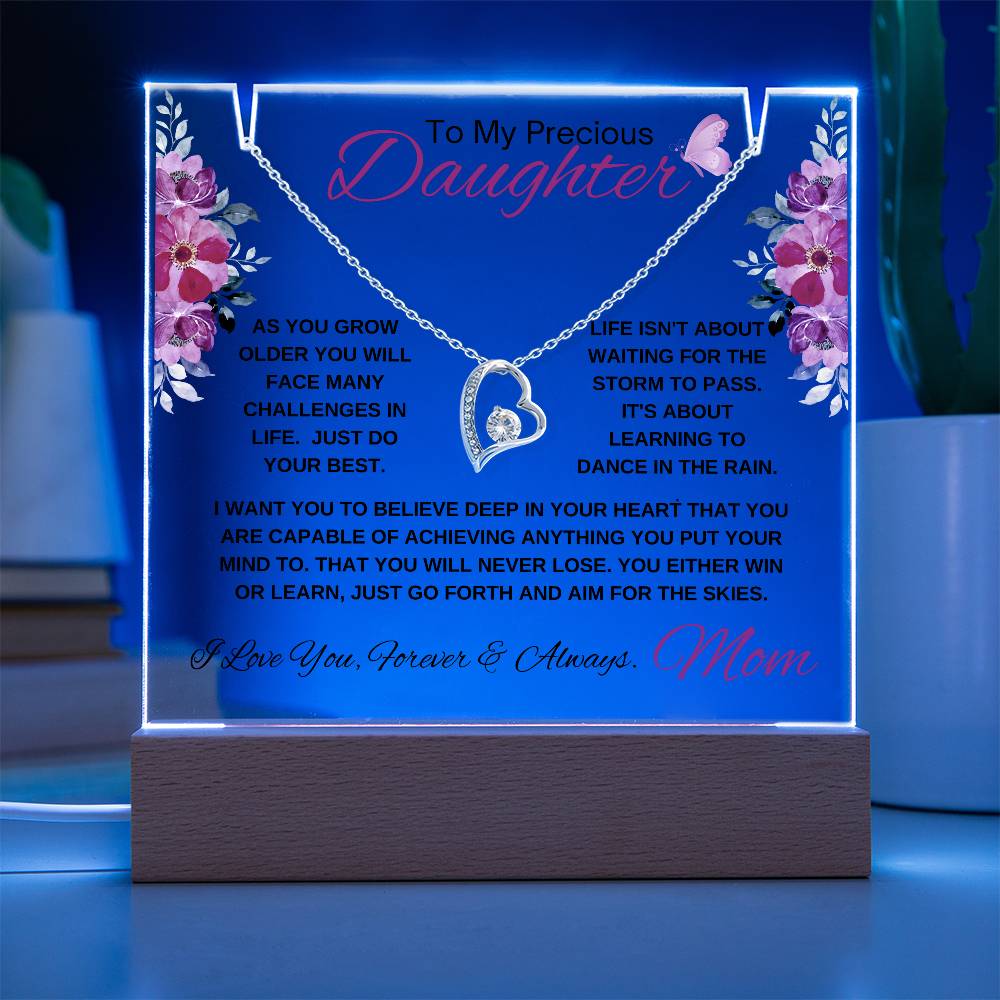 Colorful illuminated acrylic plaque with motivational quote and necklace gift for a daughter.