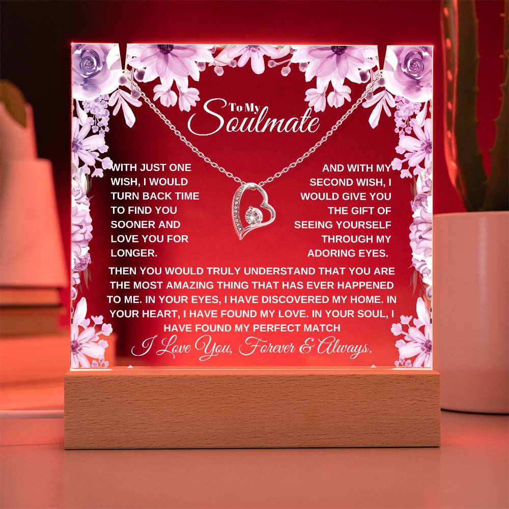 A lit wooden display case acrylic plaque with a heart-shaped pendant lighted up in red The text inside reads, "To My Soulmate" it'a a custom soulmate gift for christmas or birthday