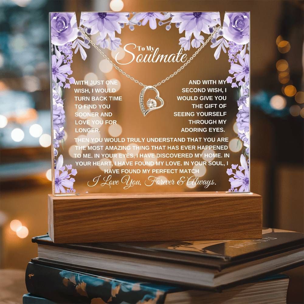 A lit wooden display case acrylic plaque with a book decoration background and a heart-shaped pendant. The text inside reads, "To My Soulmate" it'a a custom soulmate gift 