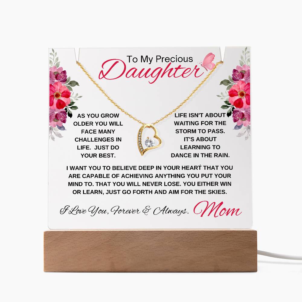 Yellow gold Heart necklace gift with an inspiring message on acrylic plaque for a daughter.