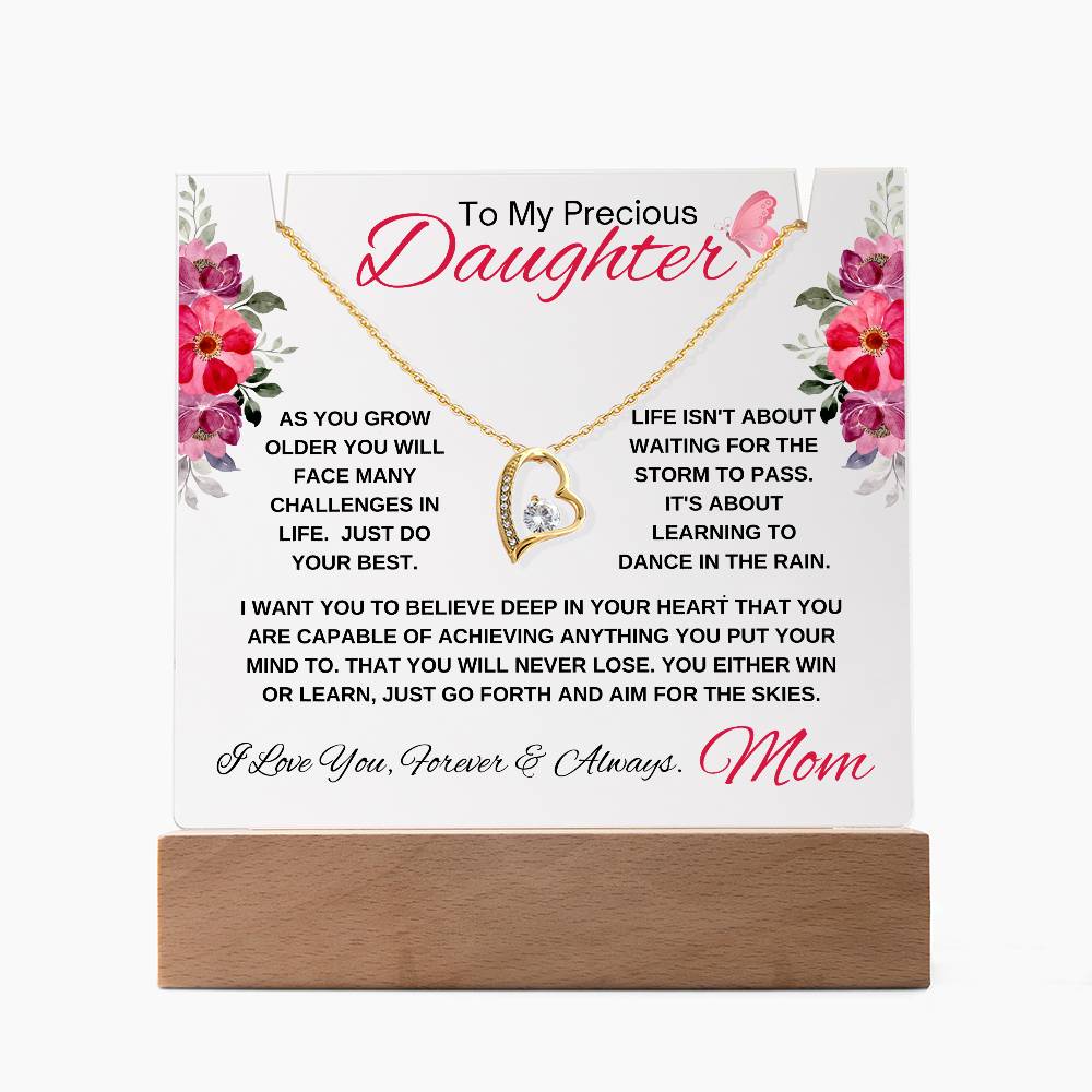 "I Love You Forever" message on an acrylic plaque with a yellow gold heart necklace gift.